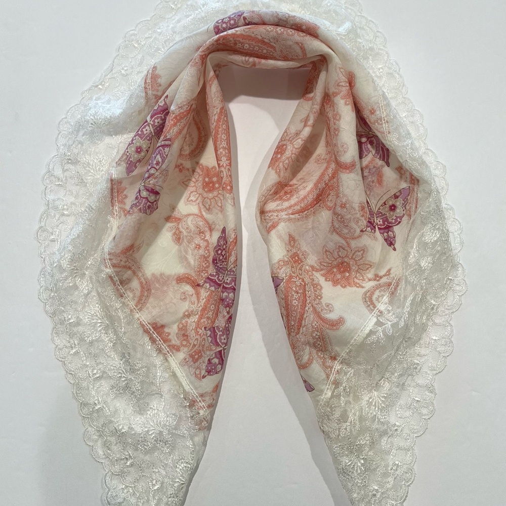 LANCETTI VTG Handkerchief Scarf  Floral Butterfly Lace Paisley Women Square 28”